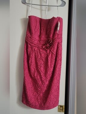 Davids Bridal Strapless Lace Cocktail Dress with Floral Accent in Watermelon